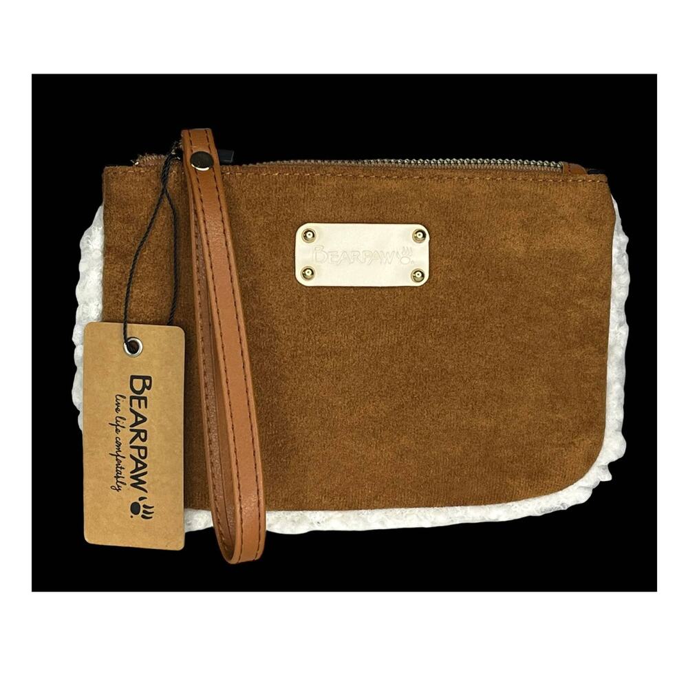 Bearpay Wristlet Faux Suede Sherpa Handbag Purse Mini Bag Brown Faux Fur New